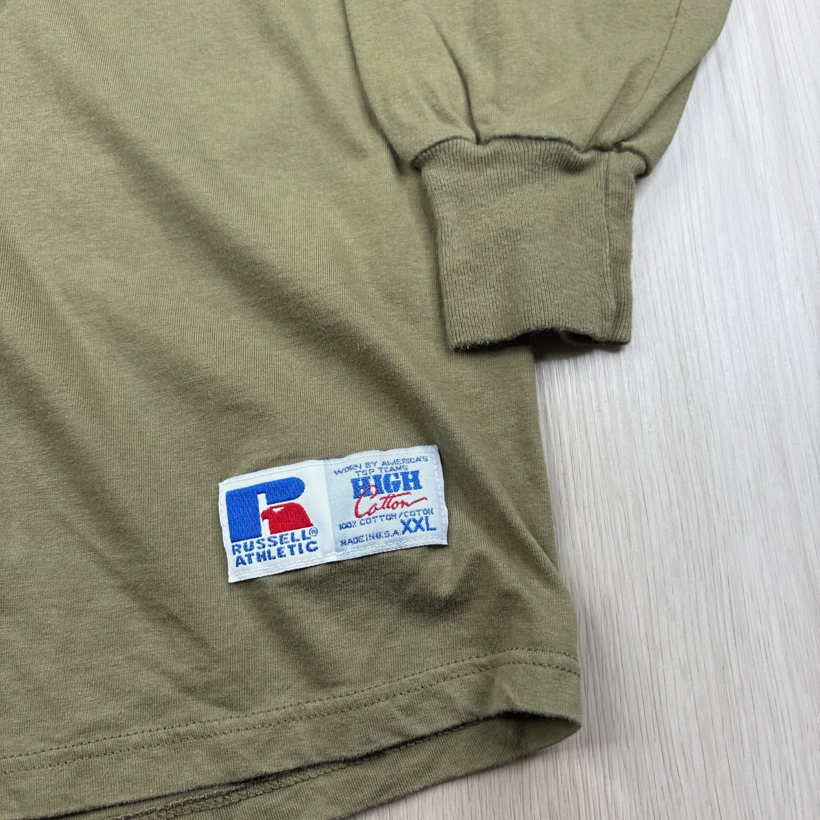 Russell Athletic Mens Khaki Green High Cotton Long Sleeve Graphic T-Shirt 2XL gallery