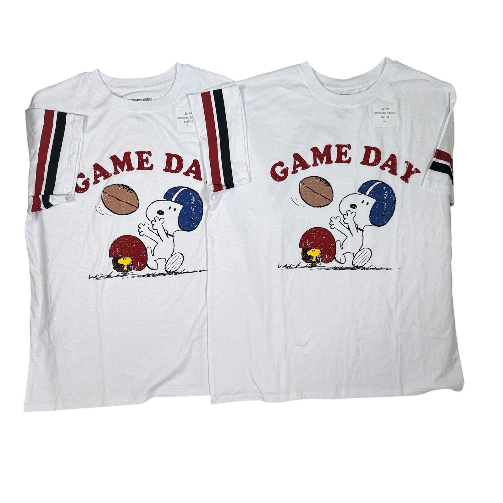 2 Lot Peanuts Snoopy Game Day Football Graphic Tee White Varsity Stripe XL NWT