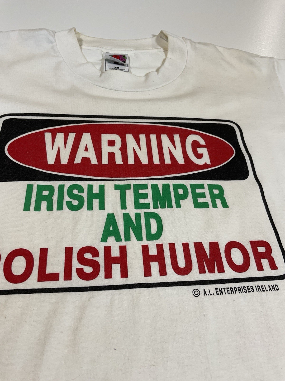 Vintage Warning Irish Temper Polish Humor T Shirt Sz L Novelty Funny Tourist 90s gallery