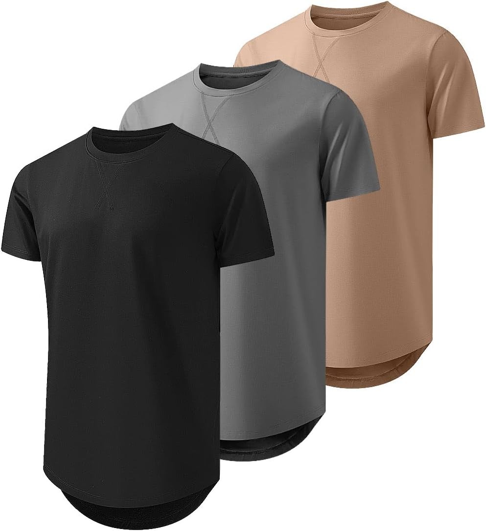 Mens 3 Pack Cotton Longline Crewneck T-Shirts Casual Hipster Fit Tee Set