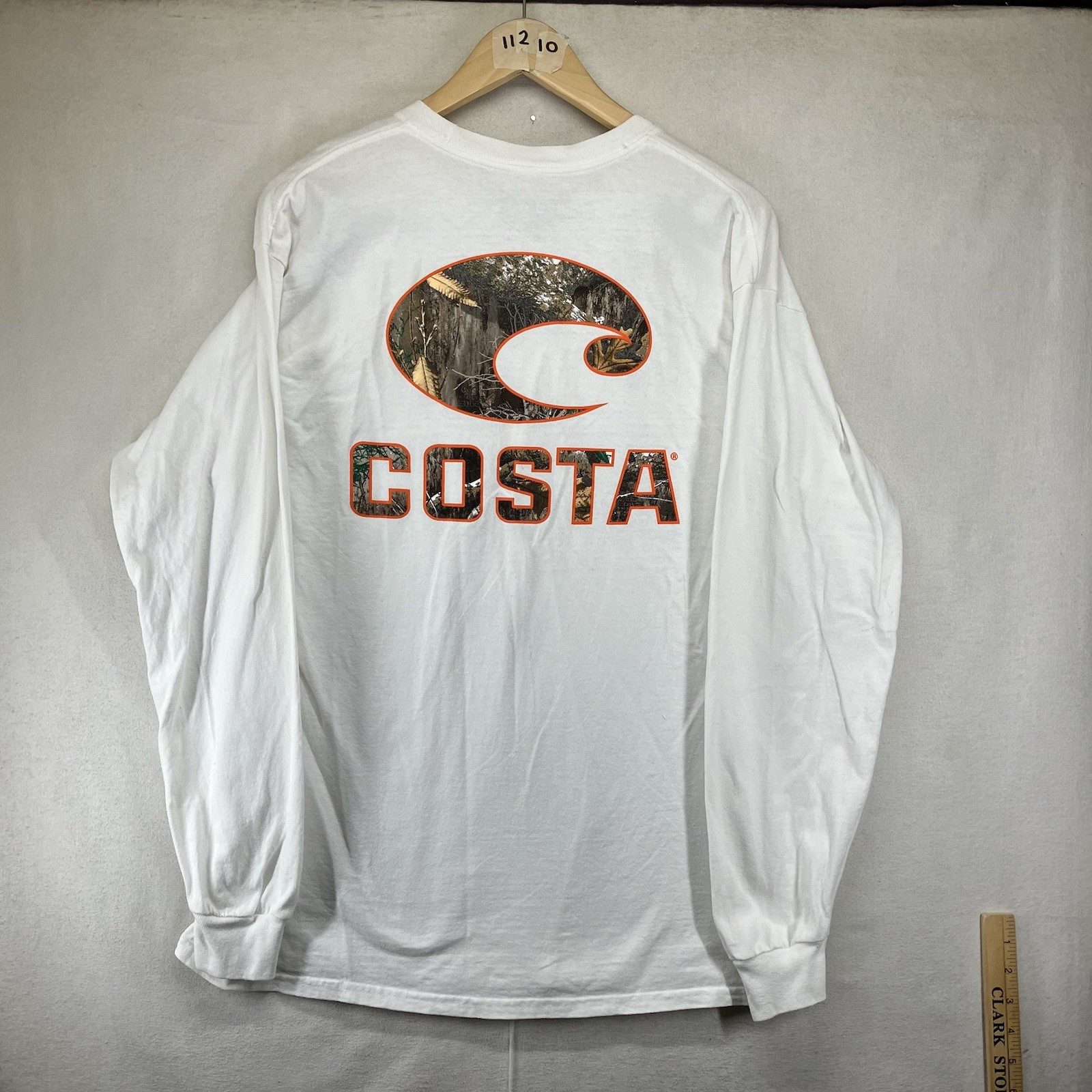 Men’s Long Sleeve Costa T Shirt White Heavy Cotton Back Camo Logo Large