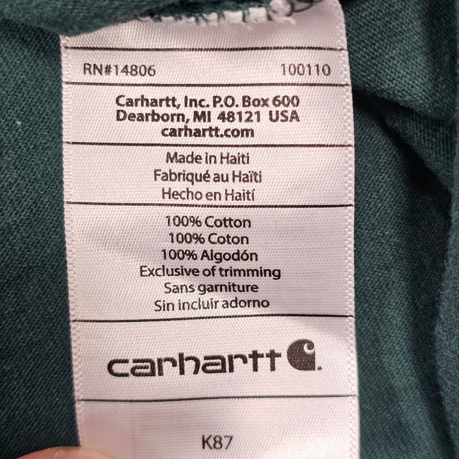 Carhartt K87 Pocket T Shirt Mens 2XL Hunter Green Cotton Original Fit Tee gallery