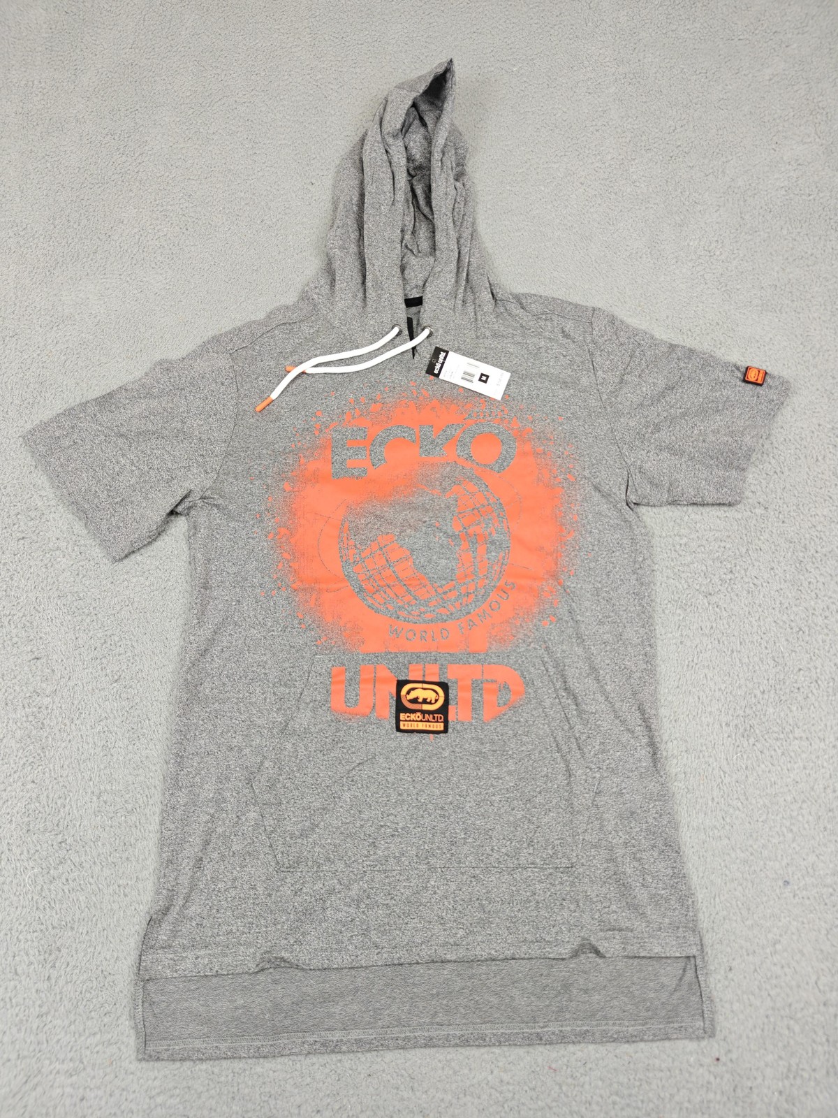 Ecko Unltd Shirt Mens Medium Grey Marled Hooded Short Sleeve Kangaroo Pocket
