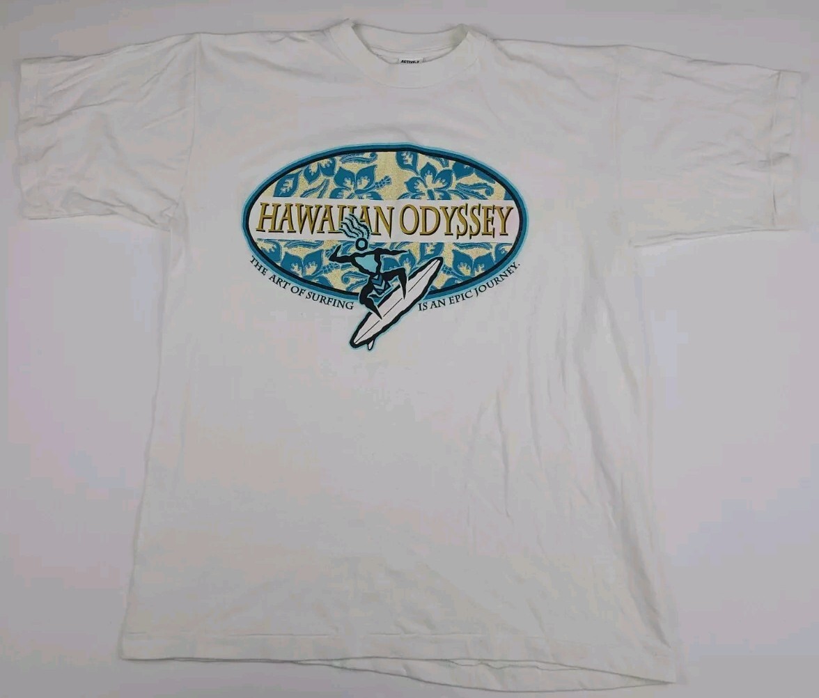Vintage 90s Hawaiian Odyssey Surfing Print T Shirt Vtg Surf Sport Beach USA XL gallery