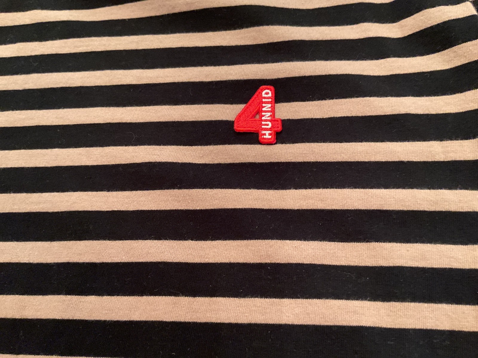 4 HUNNID khaki & black stripped L tee w/red crew neck collar and shirt emblem gallery