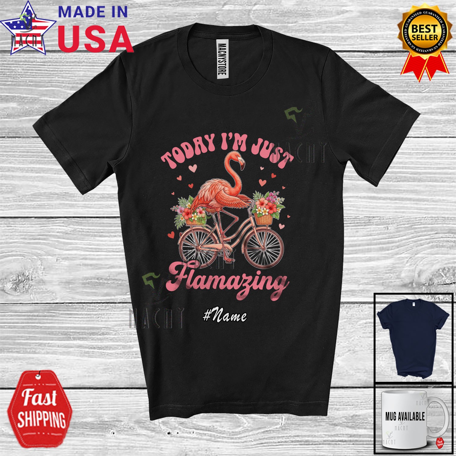Custom Name Today Just Amazing; Lovely Flamingo Riding Bicycle Floral T-Shirt gallery