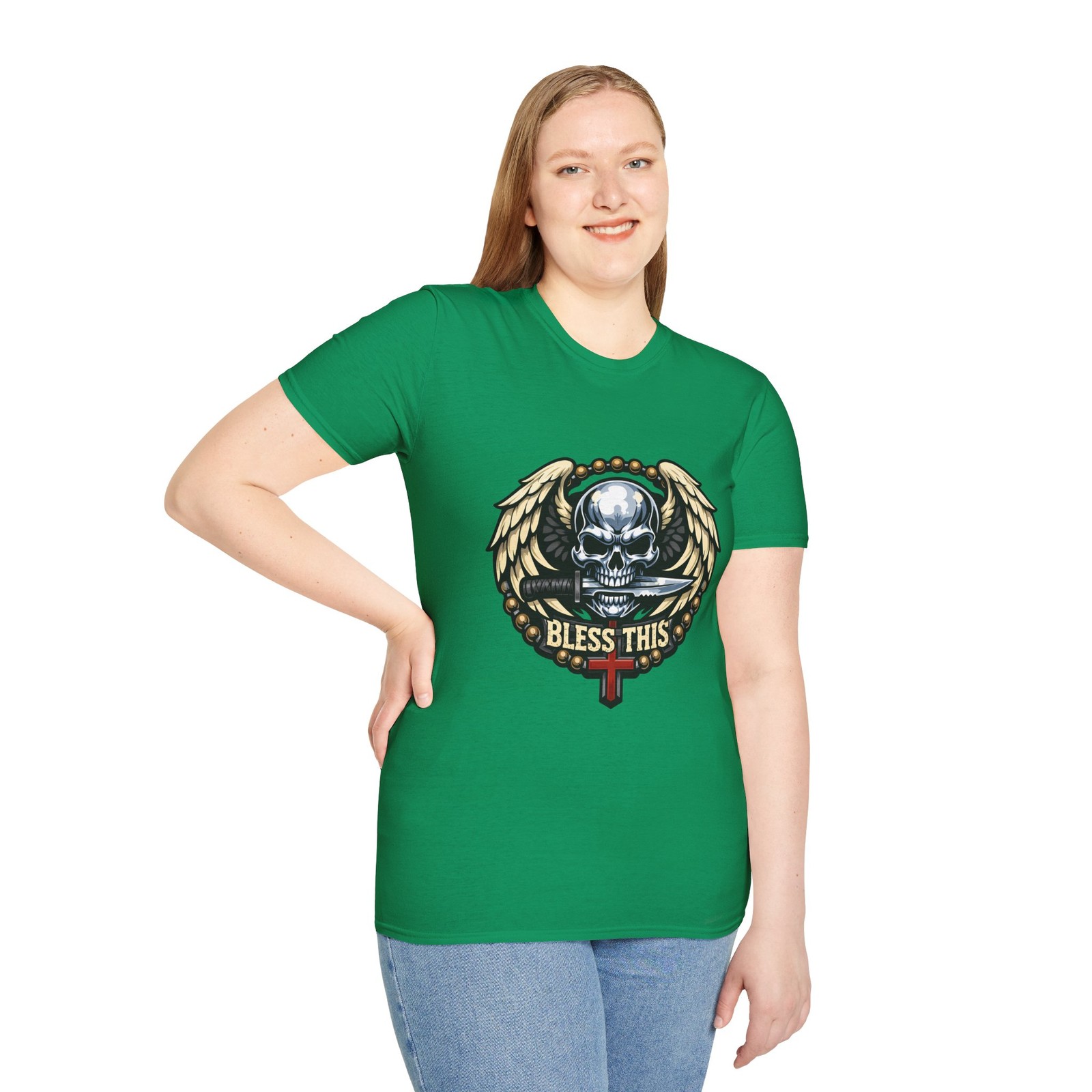 Chrome Skull Angel Wings Gothic Unisex Softstyle T-Shirt gallery