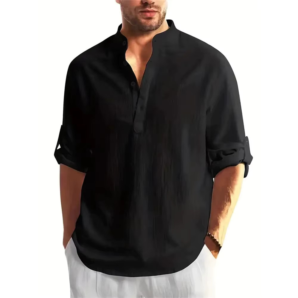 Men’s Cotton Linen Henley Long Sleeve T-Shirt Breathable Casual Autumn Top Tee gallery