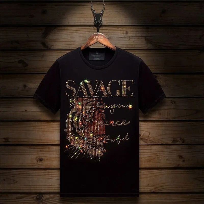 New Fashion Tiger Head Trend Rhinestones Summer Short Sleeve Luxury Men T-Shirt