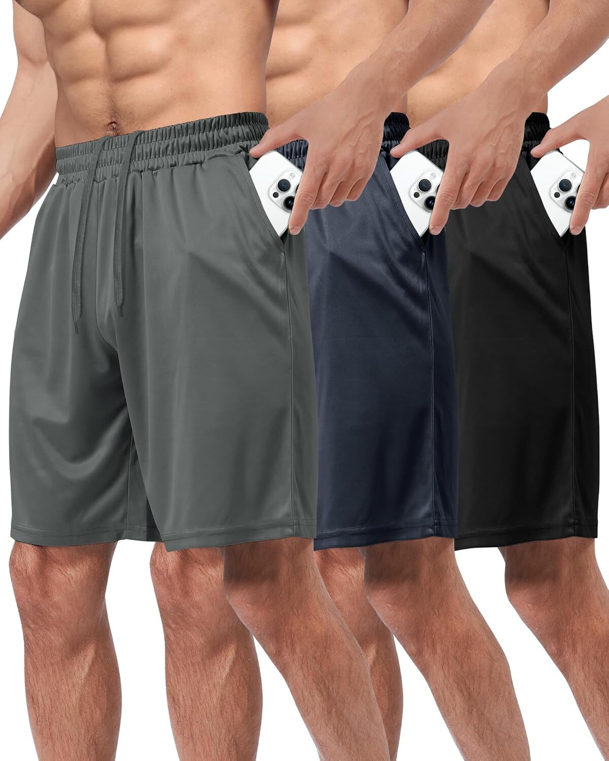 3 Pack Gym Basketball Mens Shorts - Quick Large, 1-black/Dark Grey/Navy Blue gallery