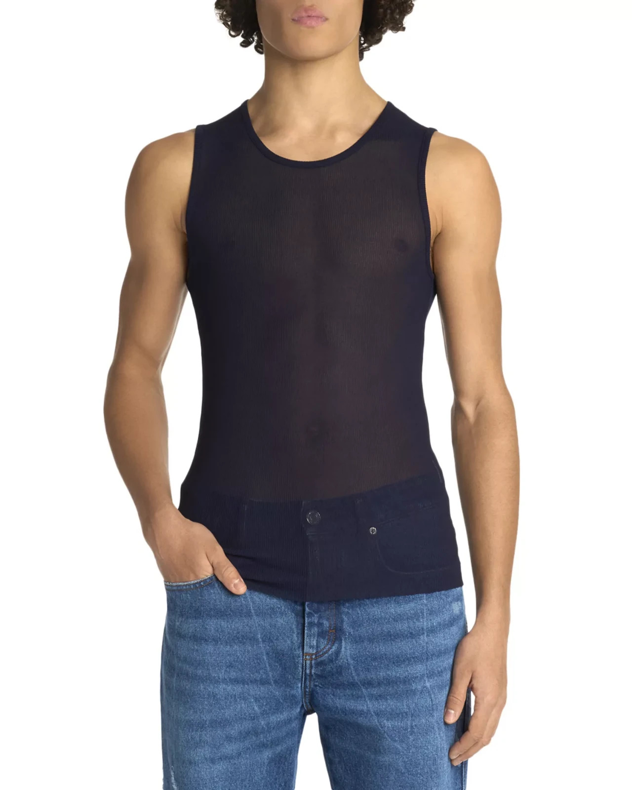 AMI Alexandre Mattiussi Long Tank Top Men's M Night Blue Semi Sheer Pullover gallery