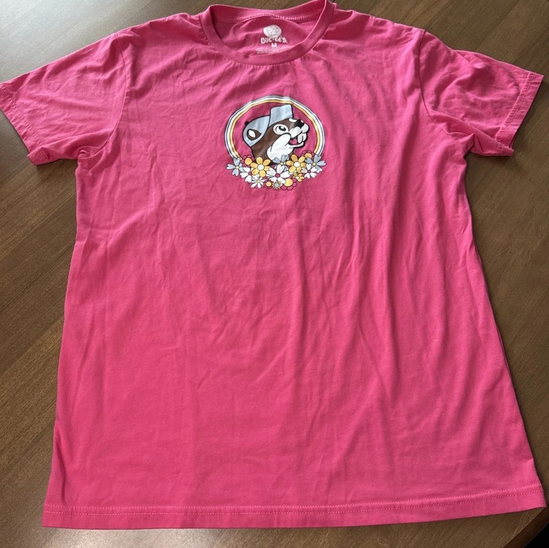 Buc-ees Bucee's is My Happy Place Double Side PINK T-Shirt Medium FLAW *READ* gallery