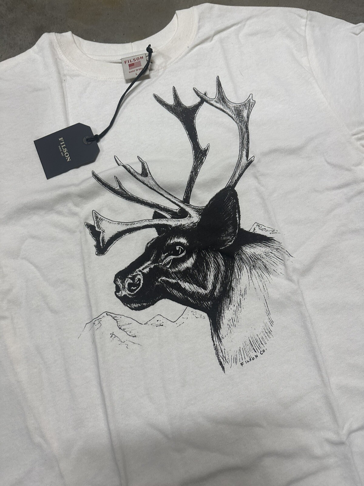 NWT Filson Caribou Short Sleeve T Shirt Pioneer Graphic White Black Made in USA gallery
