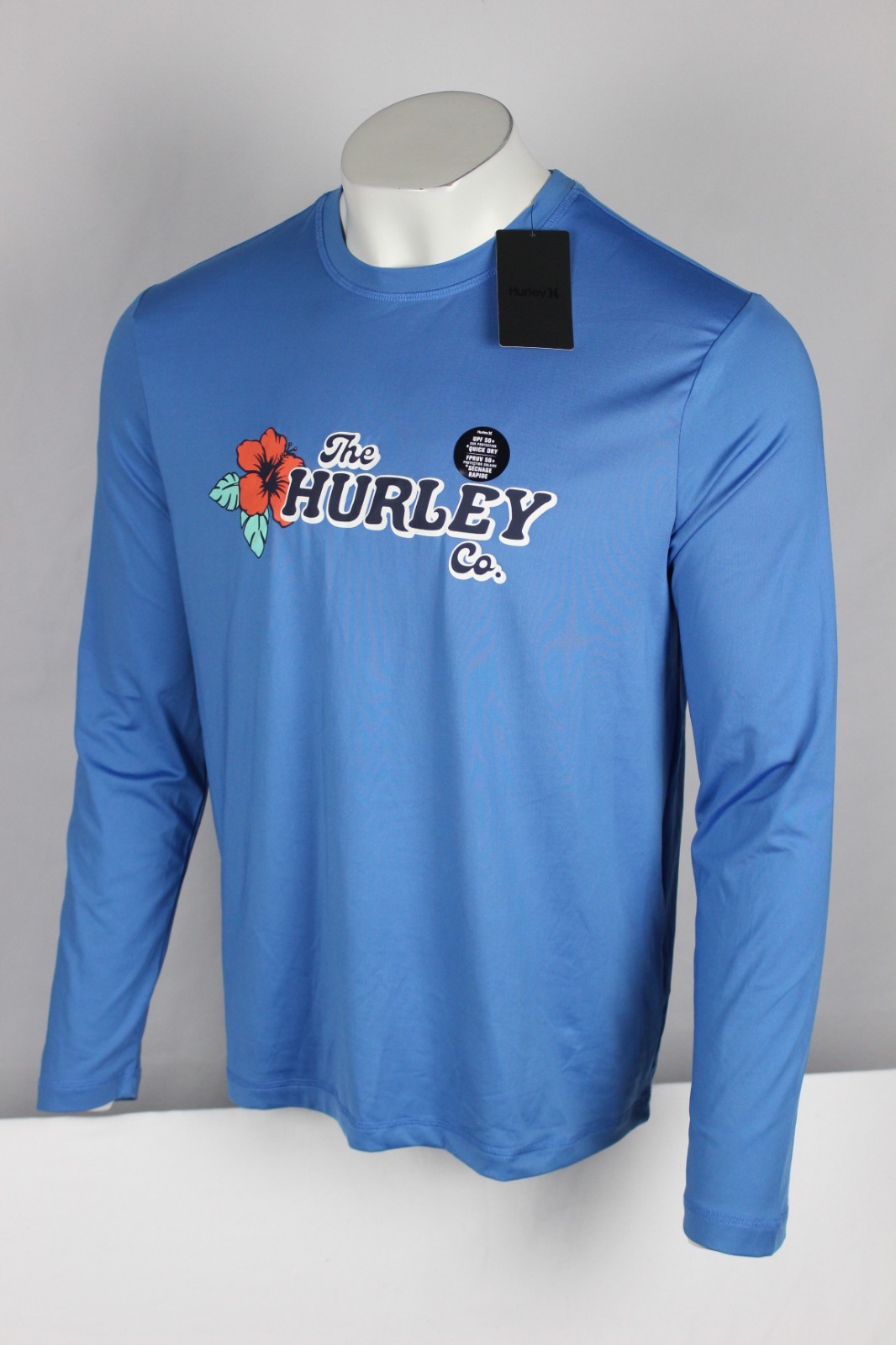Hurley Men’s Floral Sunshirt Long Sleeve Crew Shirt Seaview Blue UPF 50+