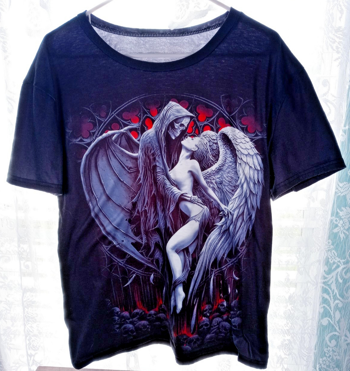 Men's Black Forbidden Grim Reaper Angel Skeleton Fantasy Goth T-Shirt Size XL gallery