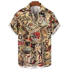 Mens Button Down Cream Rockabilly Pin Up Tattoo Flash Top Novelty Summer Shirt
