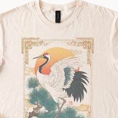 Elegant Crane Bird Graphic Tee Asian Art Inspired Vintage Style