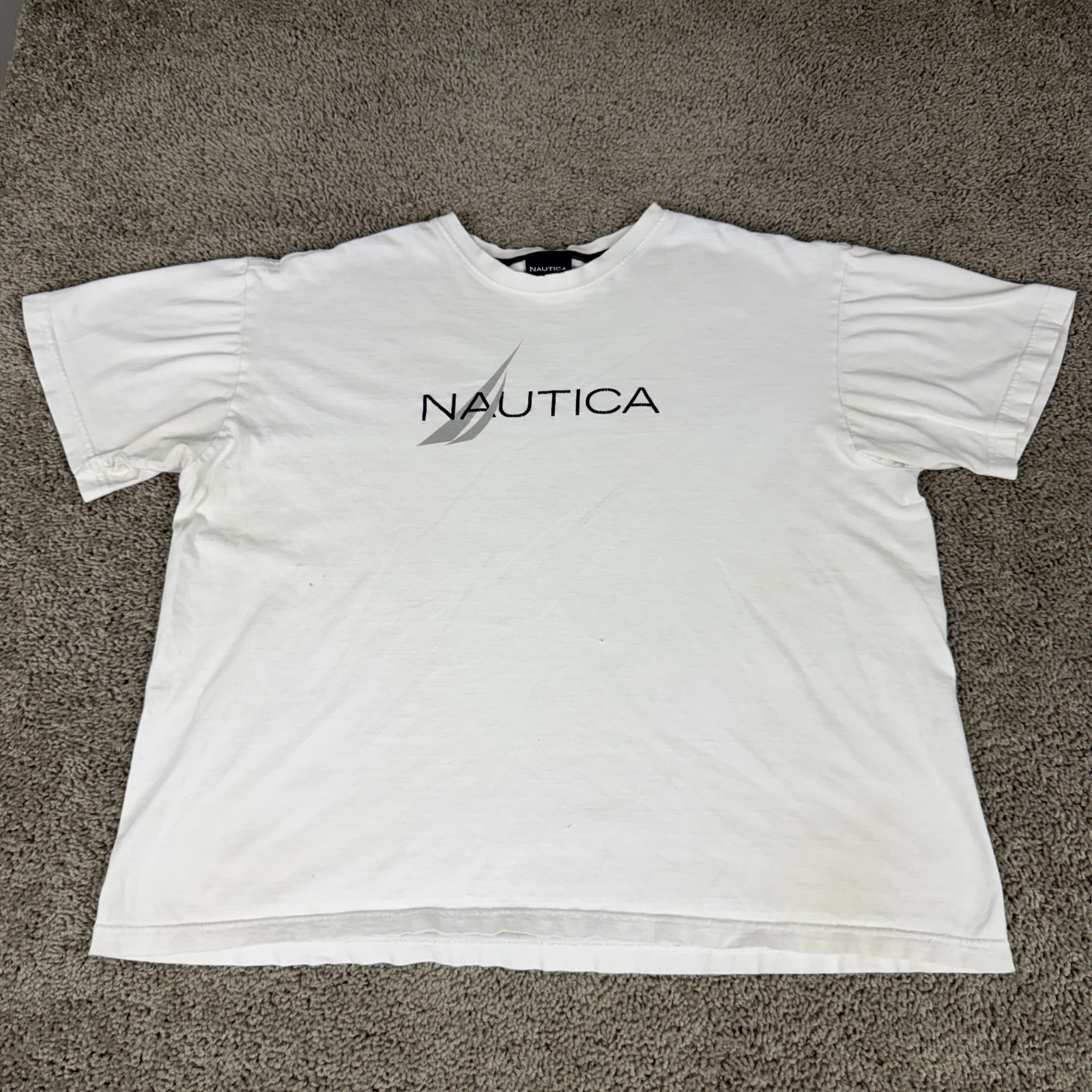Nautica Shirt Mens Large White Blue Spell Out Logo Short Sleeve Cotton READ