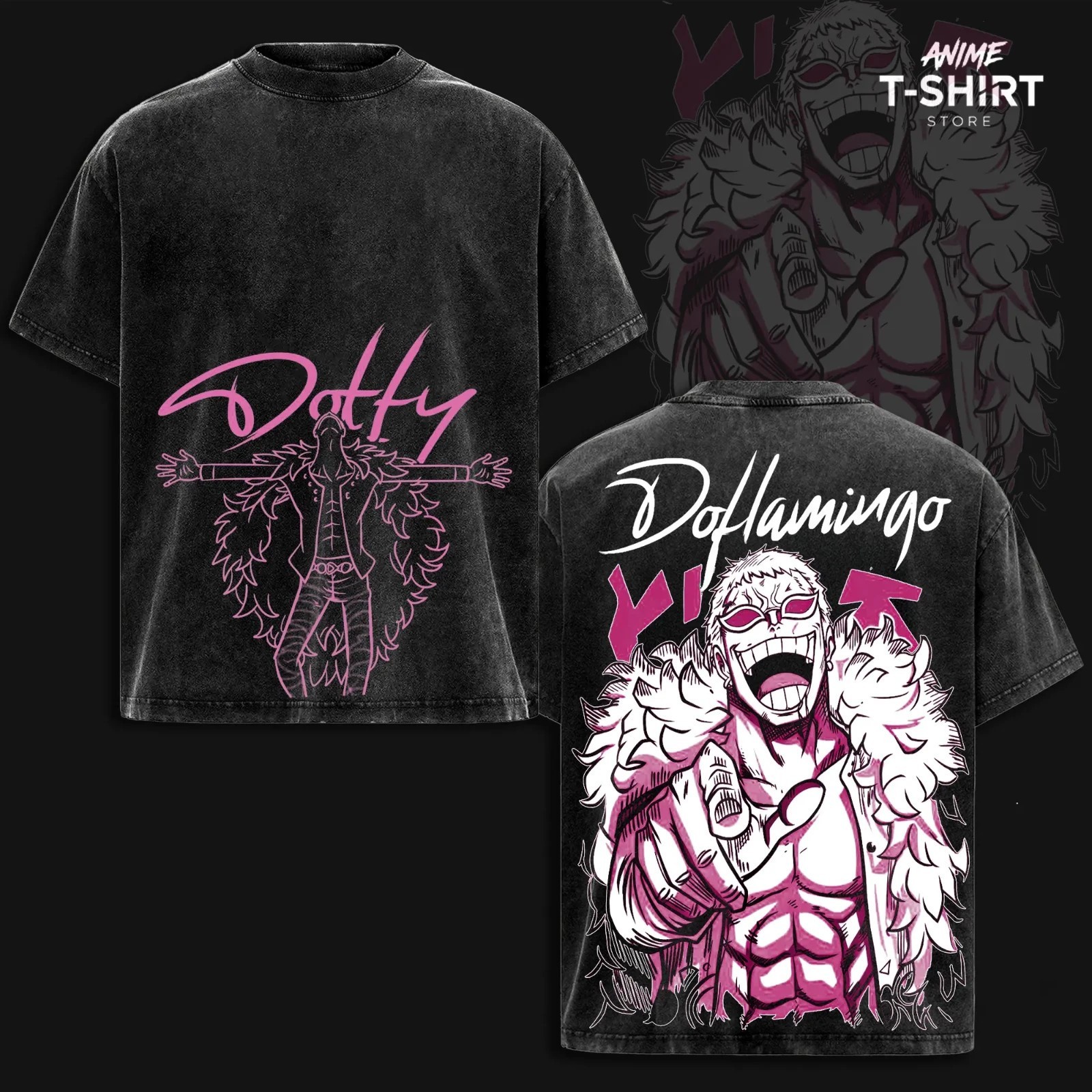 Doflamingo – OP Vintage Tee, Pink Line Art Villain Design, Heavyweight Cotton