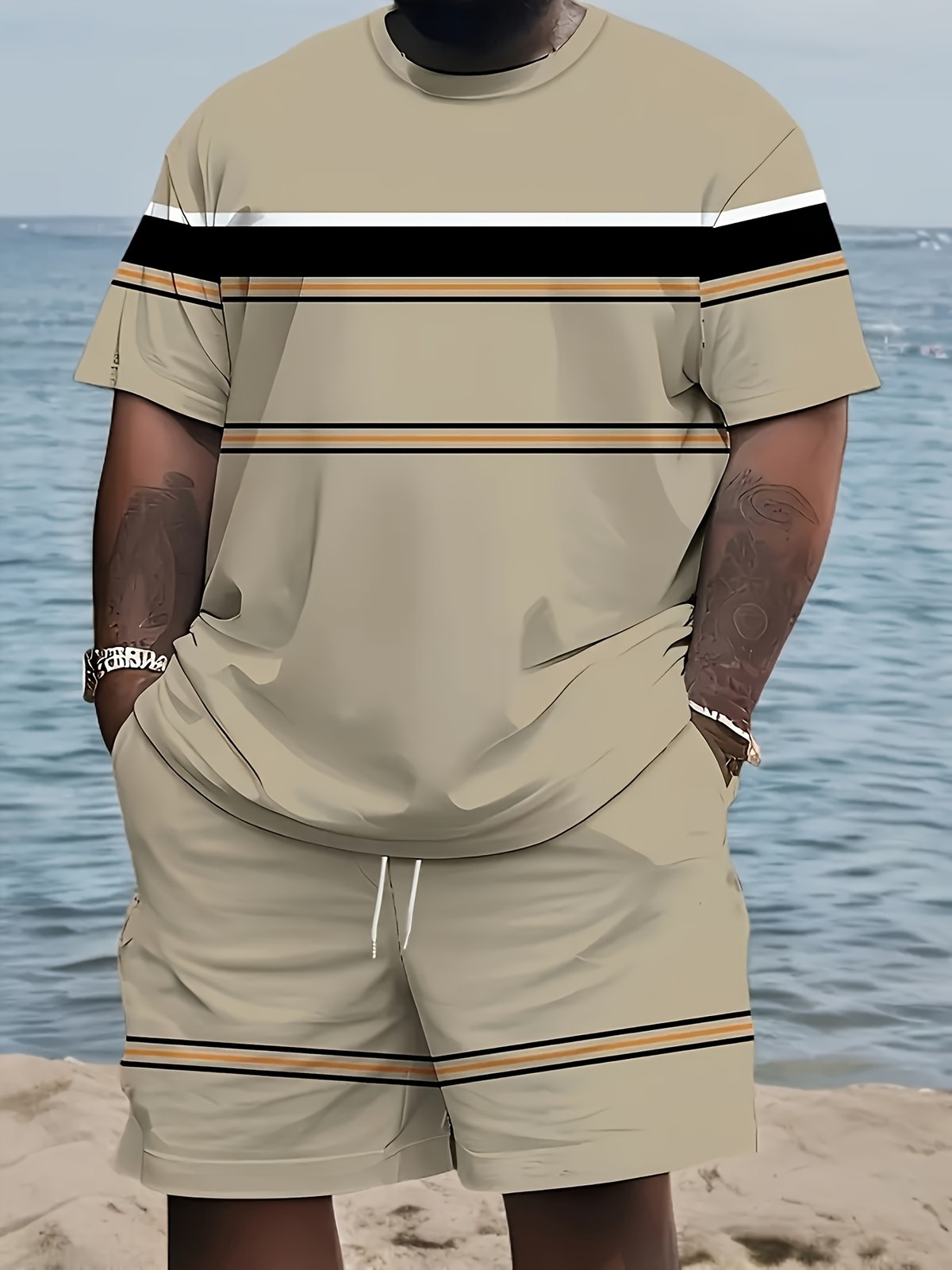 Classic horizontal stripe pattern 3D digital print new summer men’s outdoor set