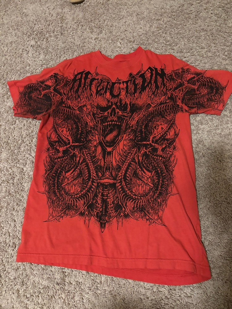 Affliction Live Fast Men’s Red Black Skull Graphic Crew Neck Tee Cotton L