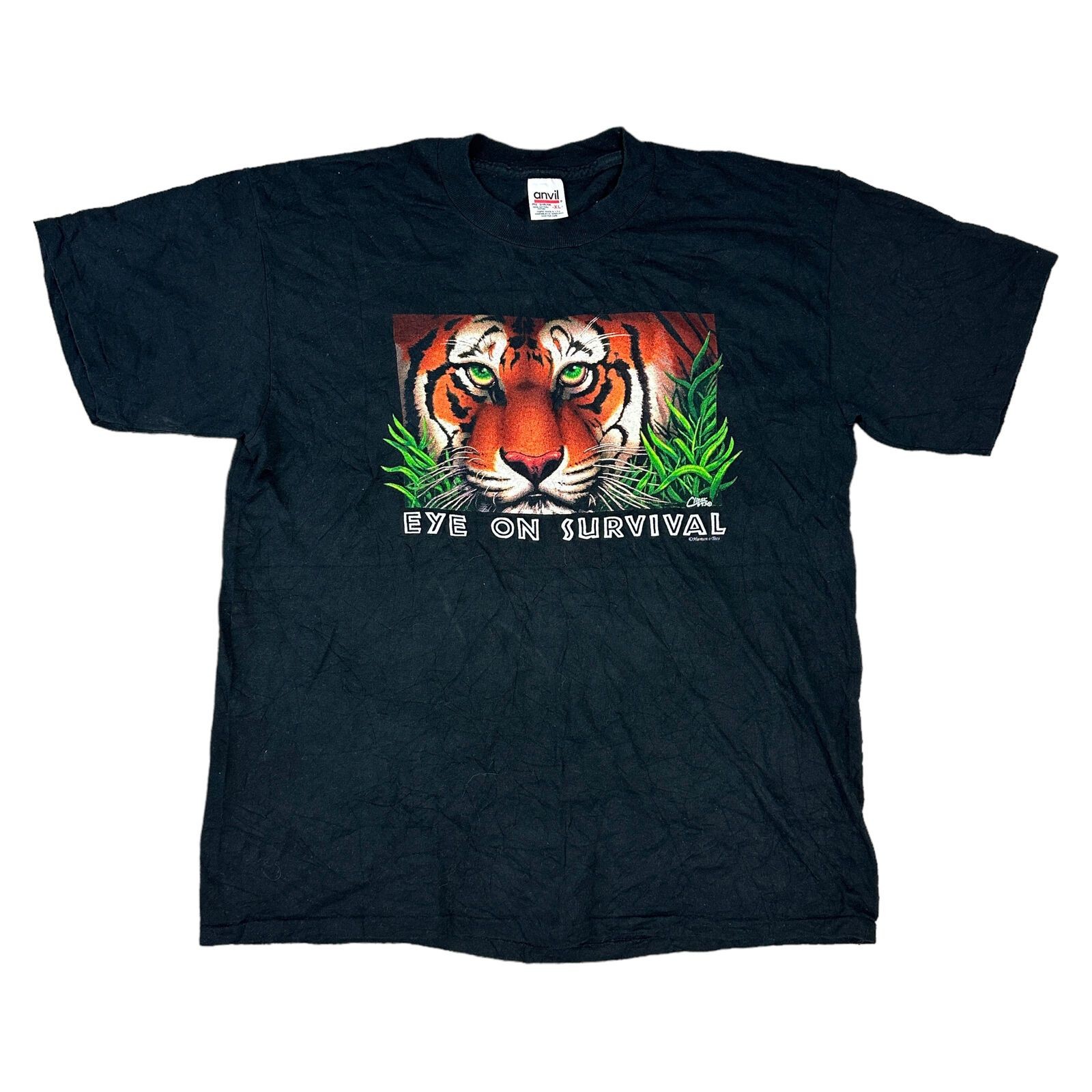 Wildlife Graphic Print T-Shirt Tiger Single Stitch USA T-Shirt Black Mens XL