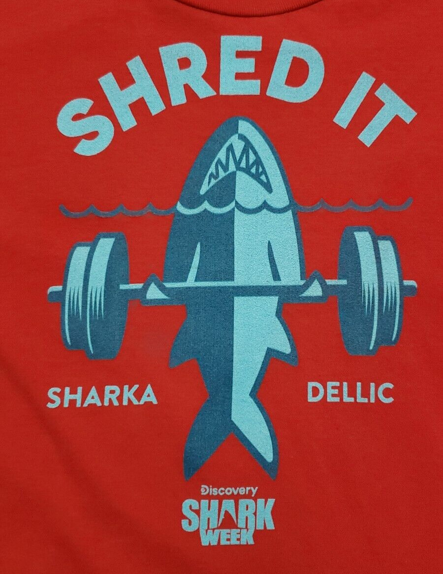 Discovery Channel Store Men's Medium Red T Shirt Shark Week Weightlifting gallery