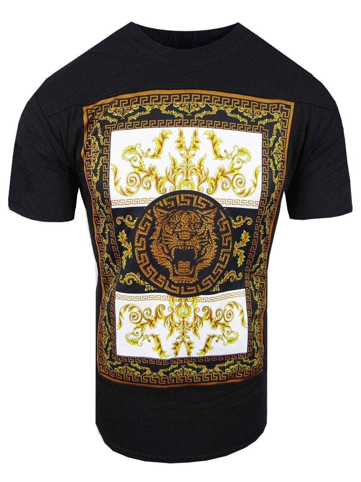 Italian T-Shirt Men Baroque Florals Shiny Stones Rhinestone Gold Tiger Crew Neck gallery