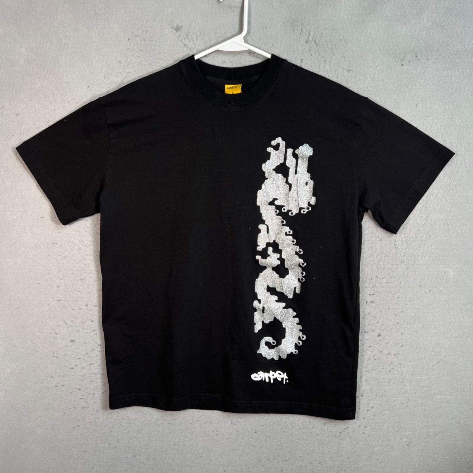 Carpet Company Mens Size Large Black T-Shirt Glitter Print 100% Cotton READ gallery