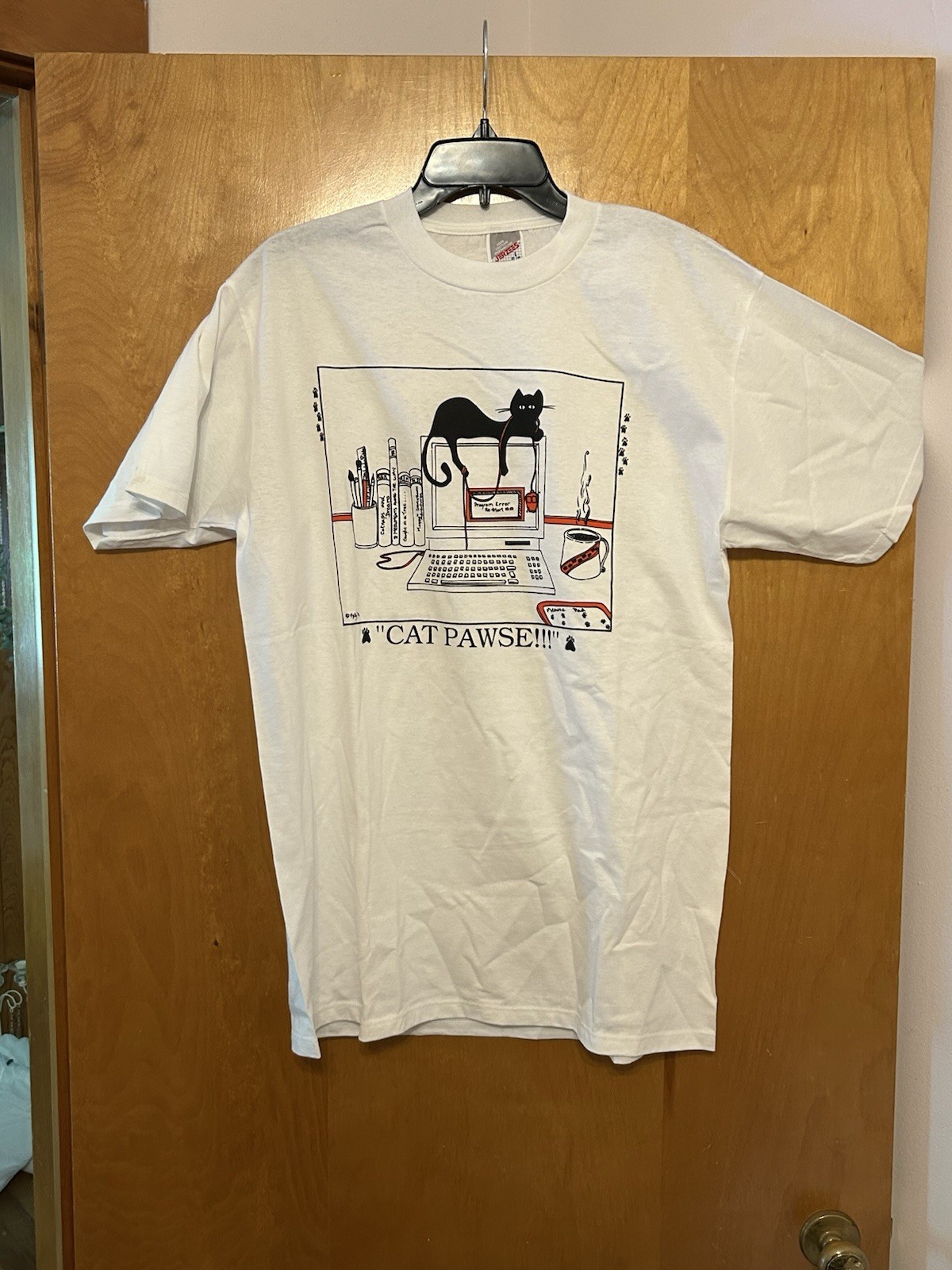 Vintage 1991 Cat Pawse Graphic T Shirt Large Jerzees USA Black Cat + 2 More gallery