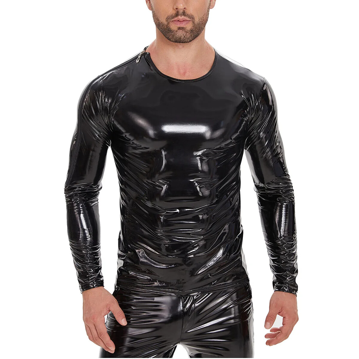 Men Plus Size Shiny Leather T-Shirts Side Zipper Long Sleeve Wetlook Pvc gallery