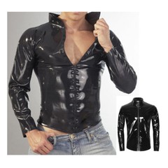 US Men Wet Look PVC Leather Jacket Coat Long Sleeve Stand Collar Outwear T shirt
