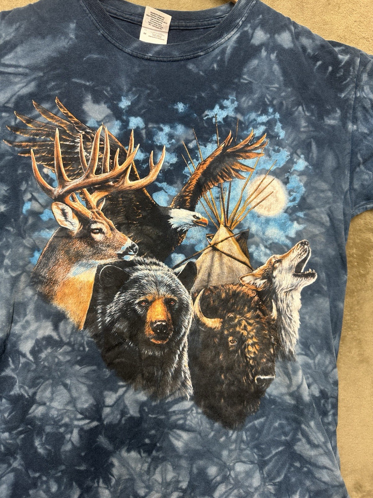 VTG Gildan Medium Short Sleeve Shirt Blue Tie Dye Bear Nature Animals Y2K gallery
