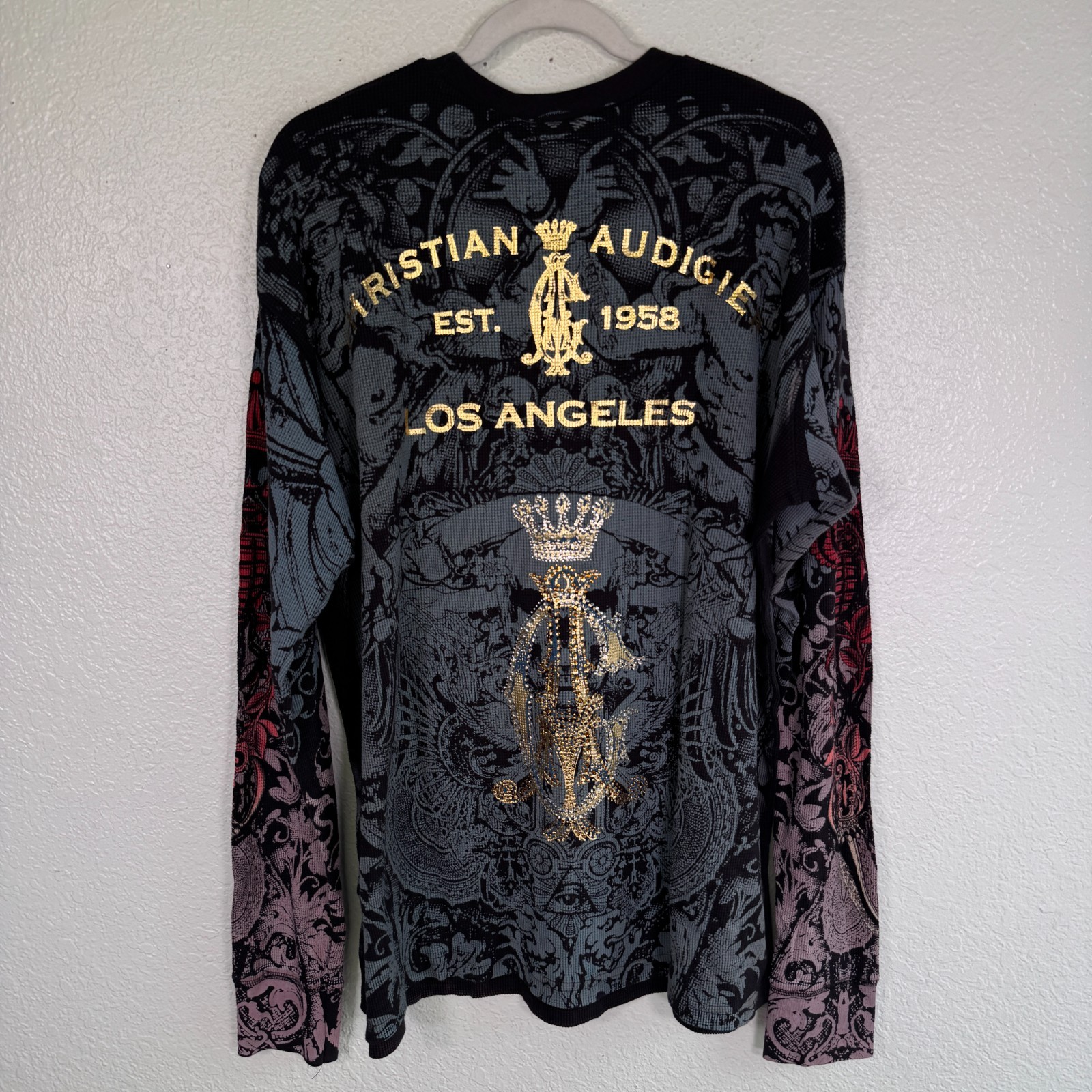 Christian Audigier Y2K Shirt Men XXL Thermal Long Sleeve Platinum Skull Rose 2XL gallery