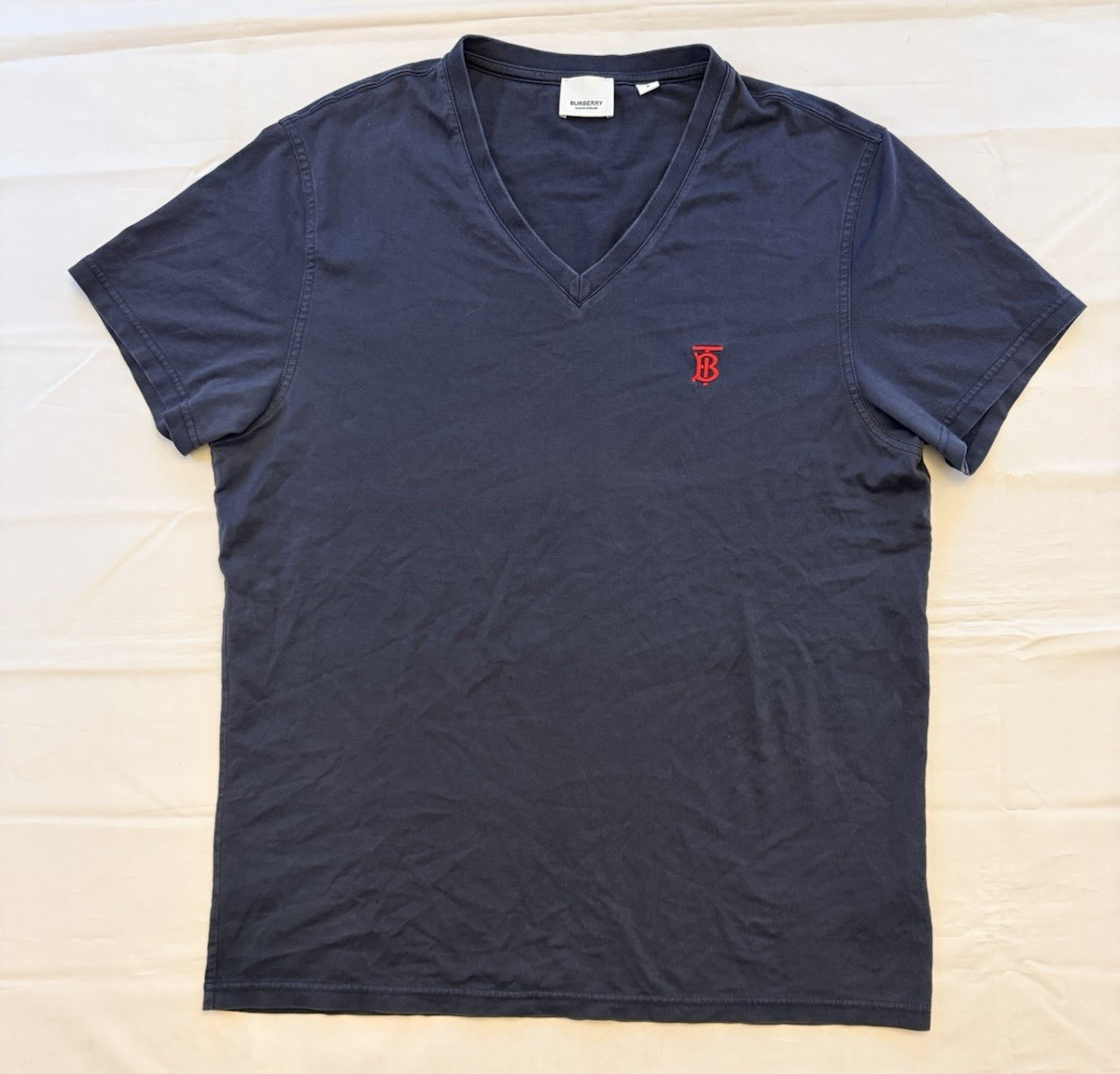 Burberry Brit Navy Blue V-Neck Shirt Men’s Lg Red TB Logo Cotton Elastane Blend
