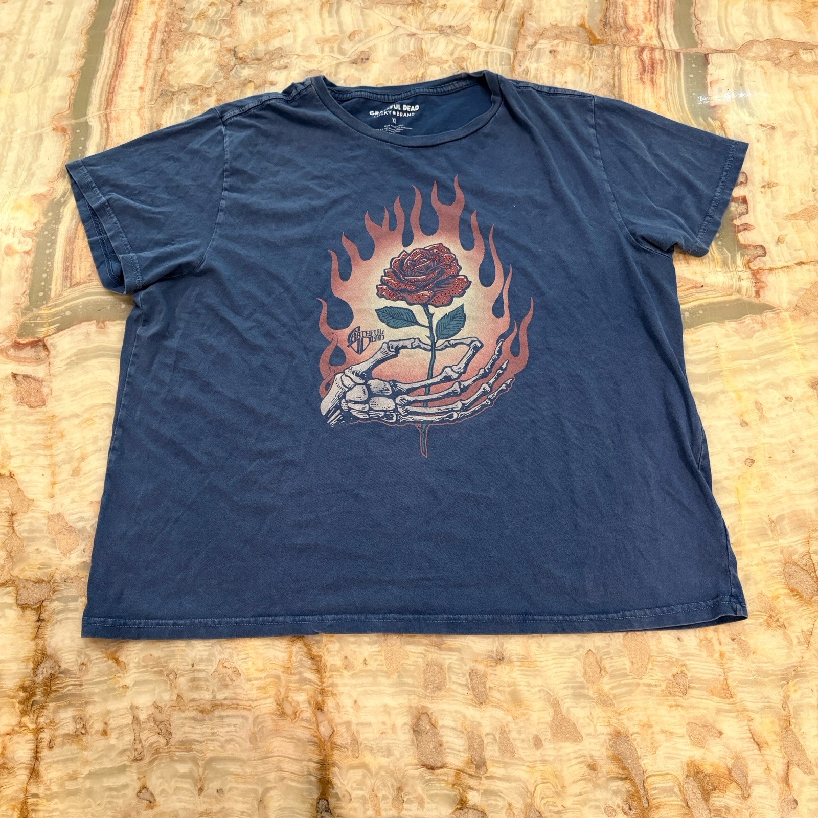 Lucky Brand Grateful Dead Skeleton Hand Rose Graphic T-Shirt Blue XL