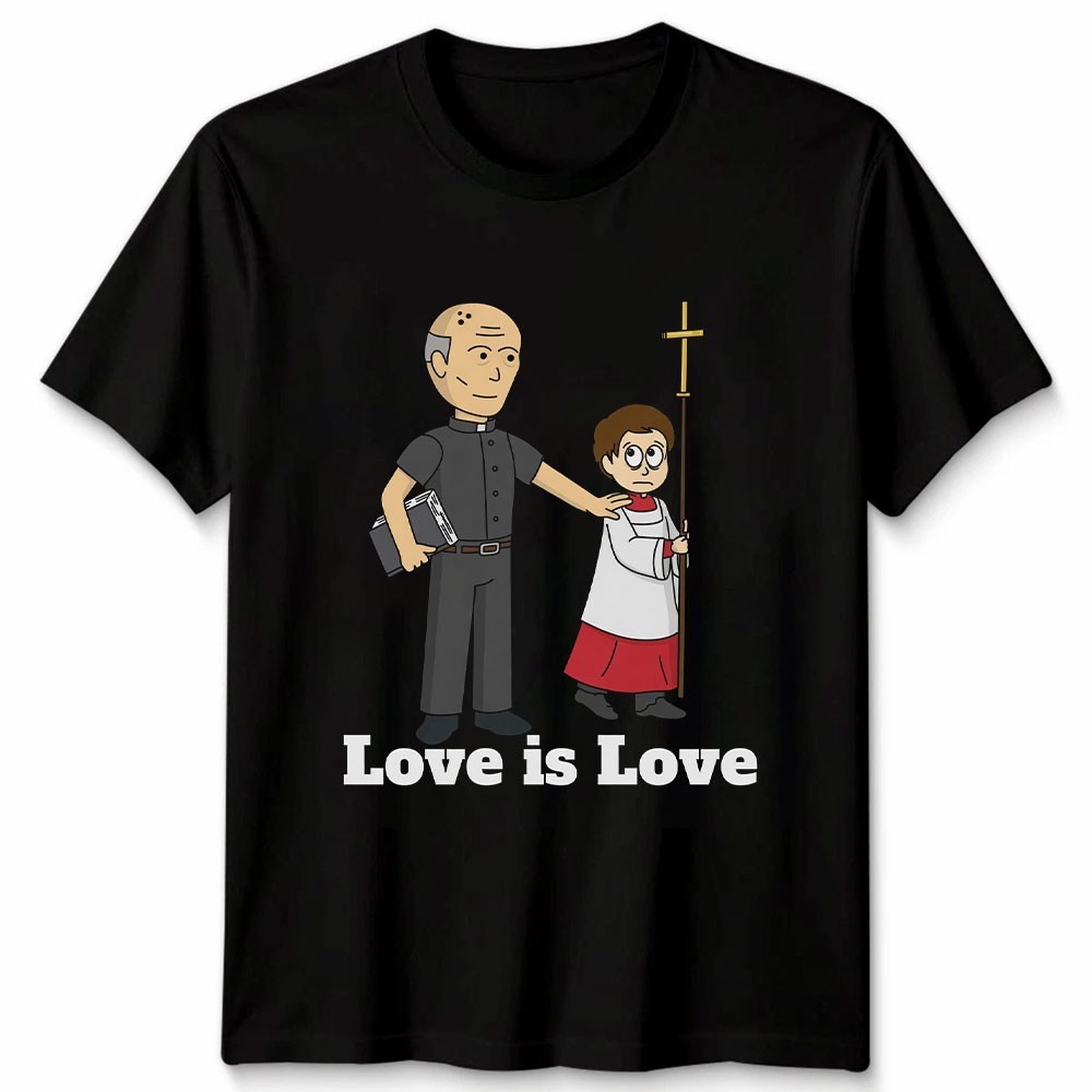 Love Is Love T-Shirt Funny Cartoon Priest Altar Boy Graphic Casual Men Black Tee