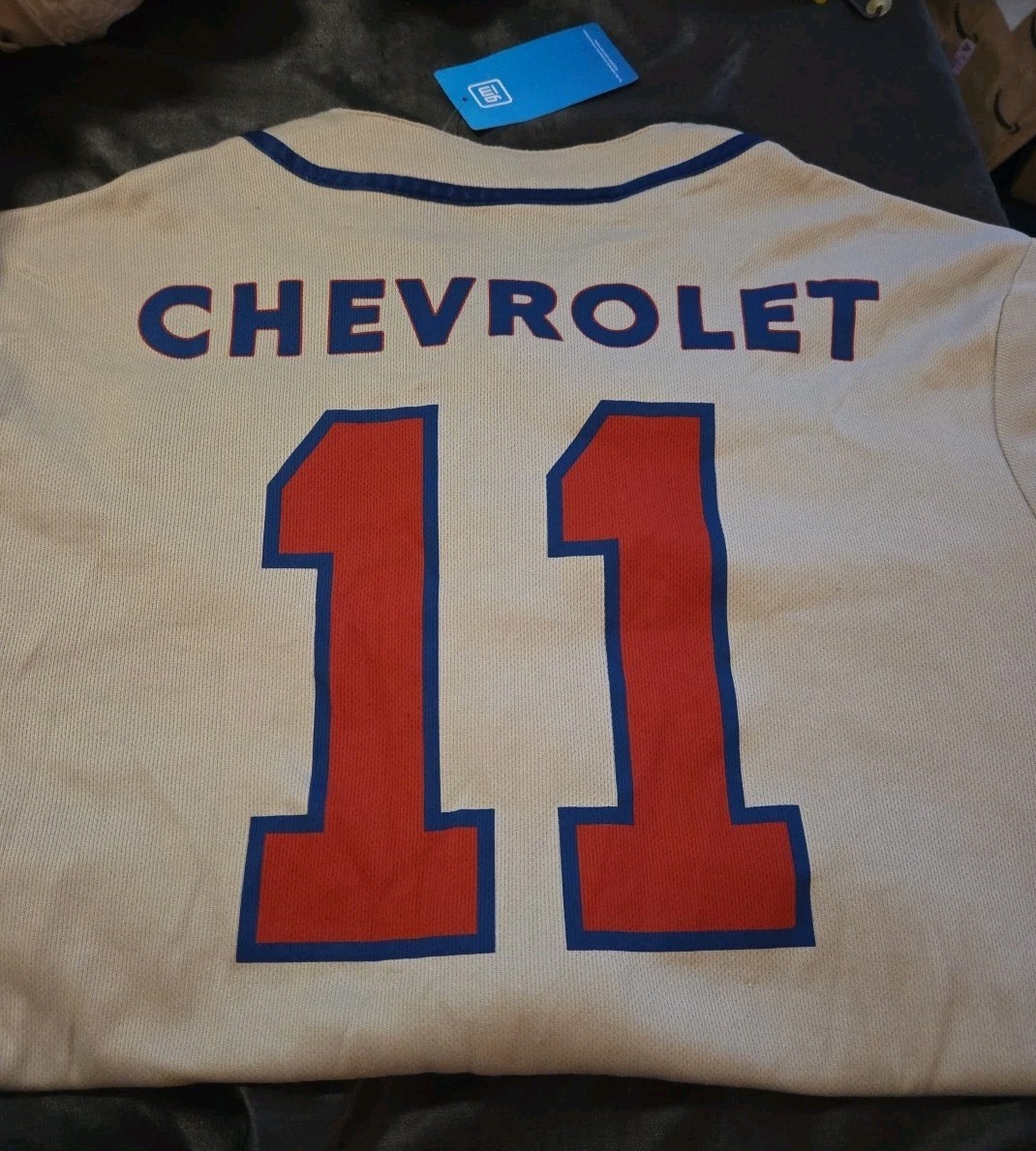 NWT Chevrolet 11 Baseball Jersey Shirt Mens Large Cream Blue GM Licensed Button gallery