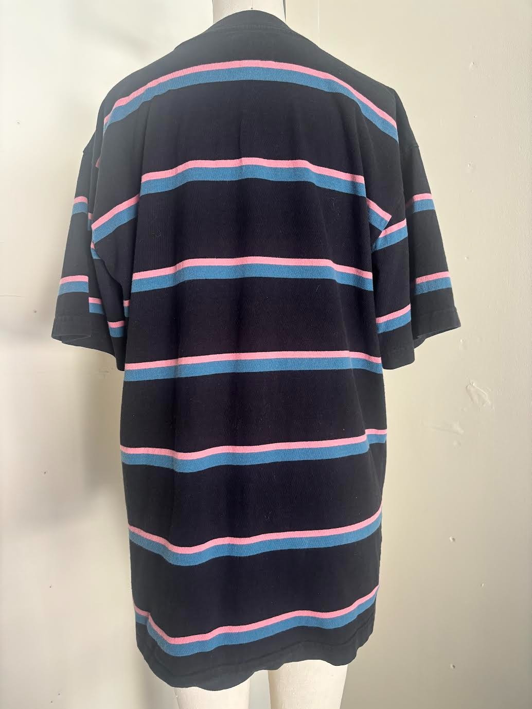 Obey Worldwide Mens Large Black Pink Blue Striped Emb Logo T Shirt Streetwear gallery