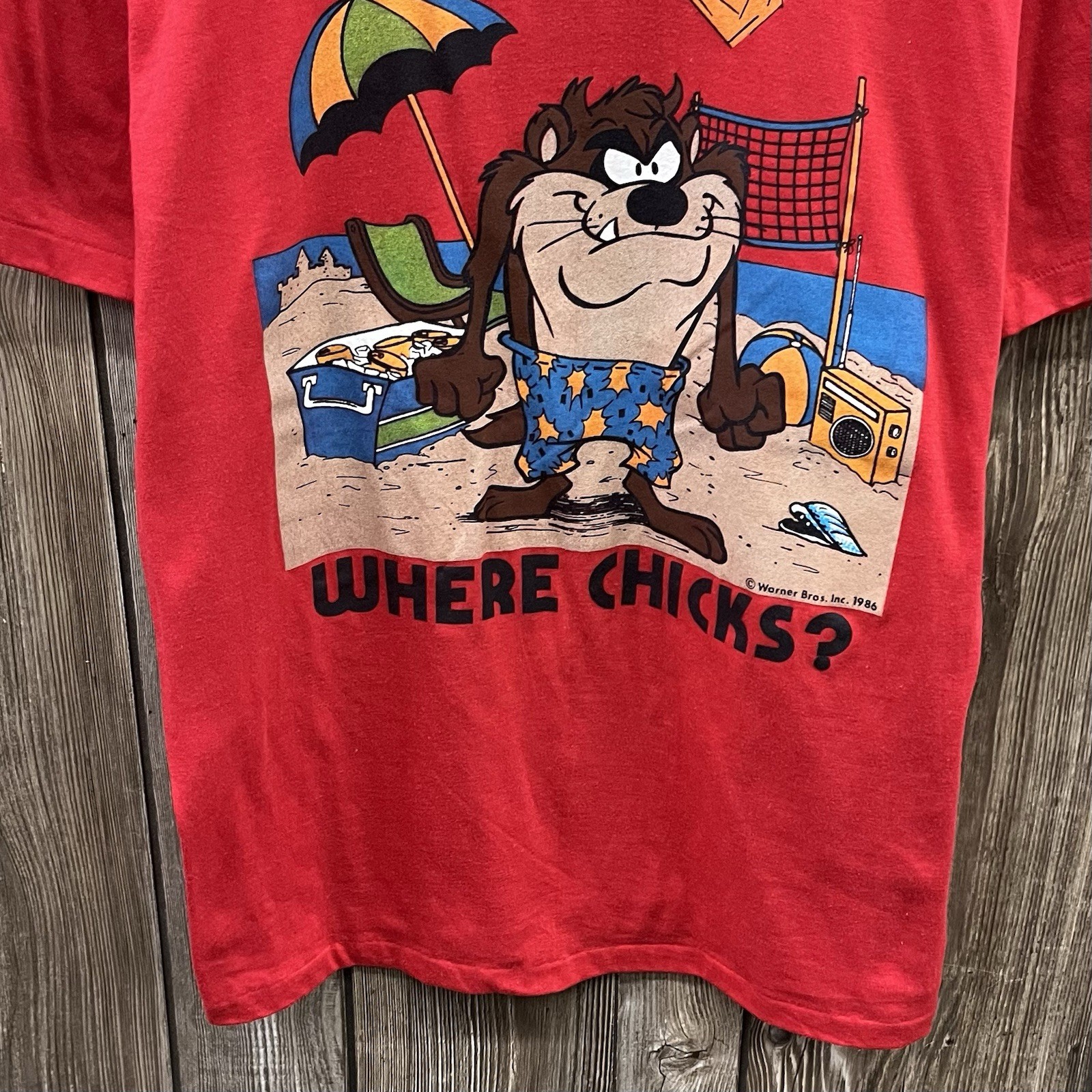 Vintage Warner Bros Looney Tunes Taz Beach Graphic Tee Shirt Red 80s Mens Large gallery