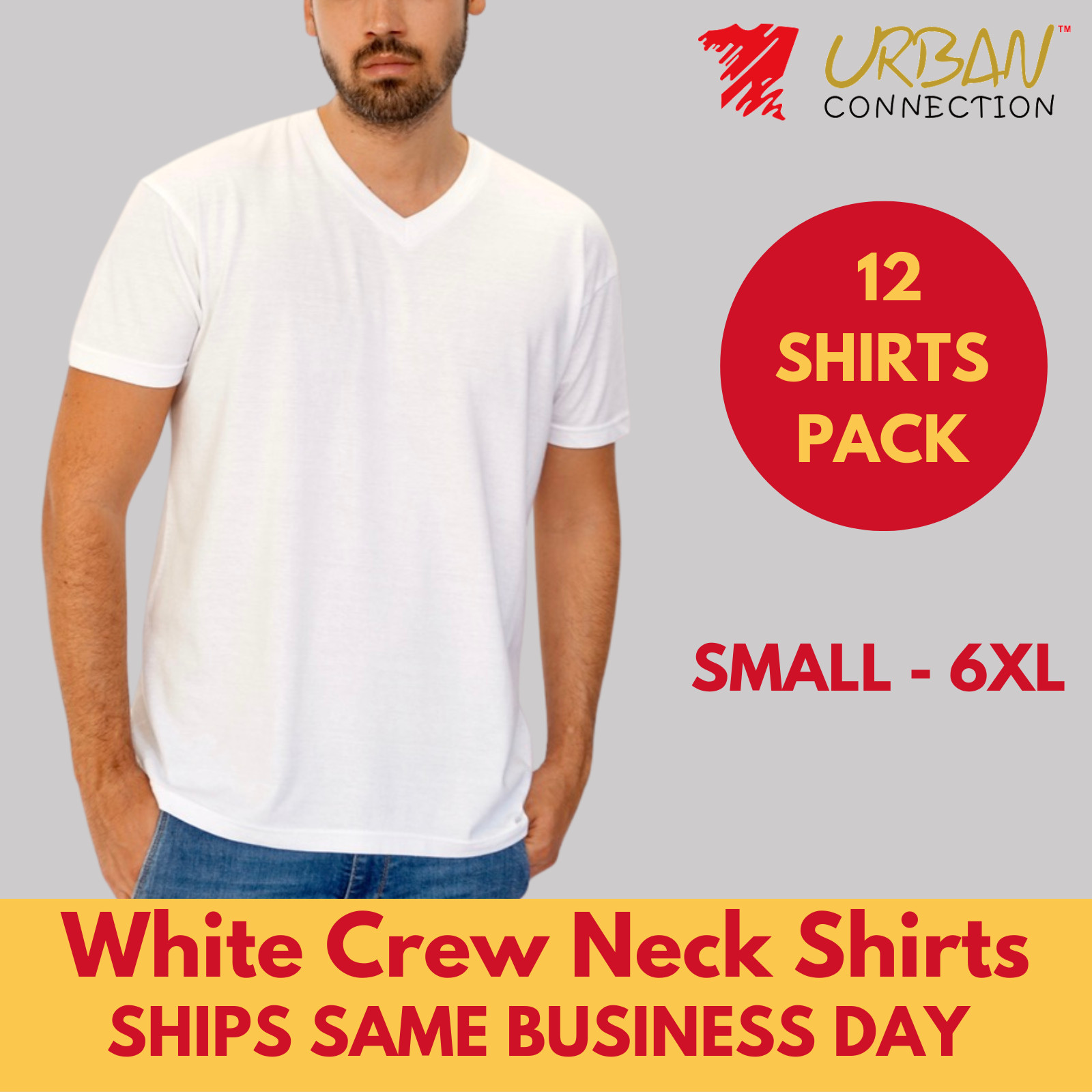 Pack of 12 Shirts | White V-Neck T-Shirt | Urban Connection | Sizes: Small – 6XL