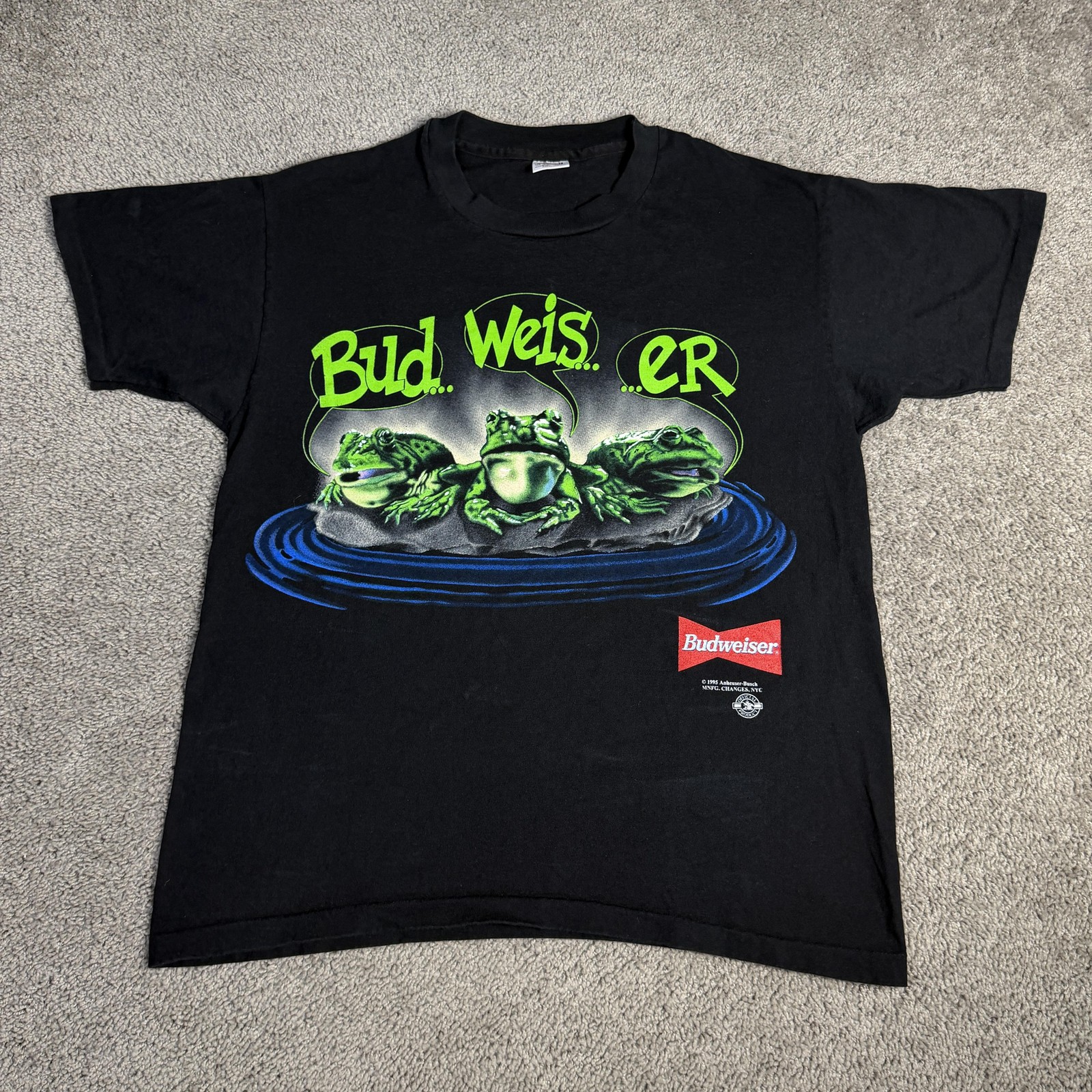 Vintage 1995 Budweiser Shirt Mens XL Black Frogs Your Pad Or Mine Tee 90s gallery