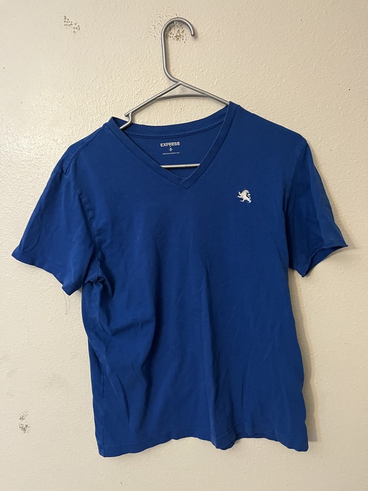EXPRESS V-Neck Tee Logo Stretch Solid Neck T-Shirt, Medium blue