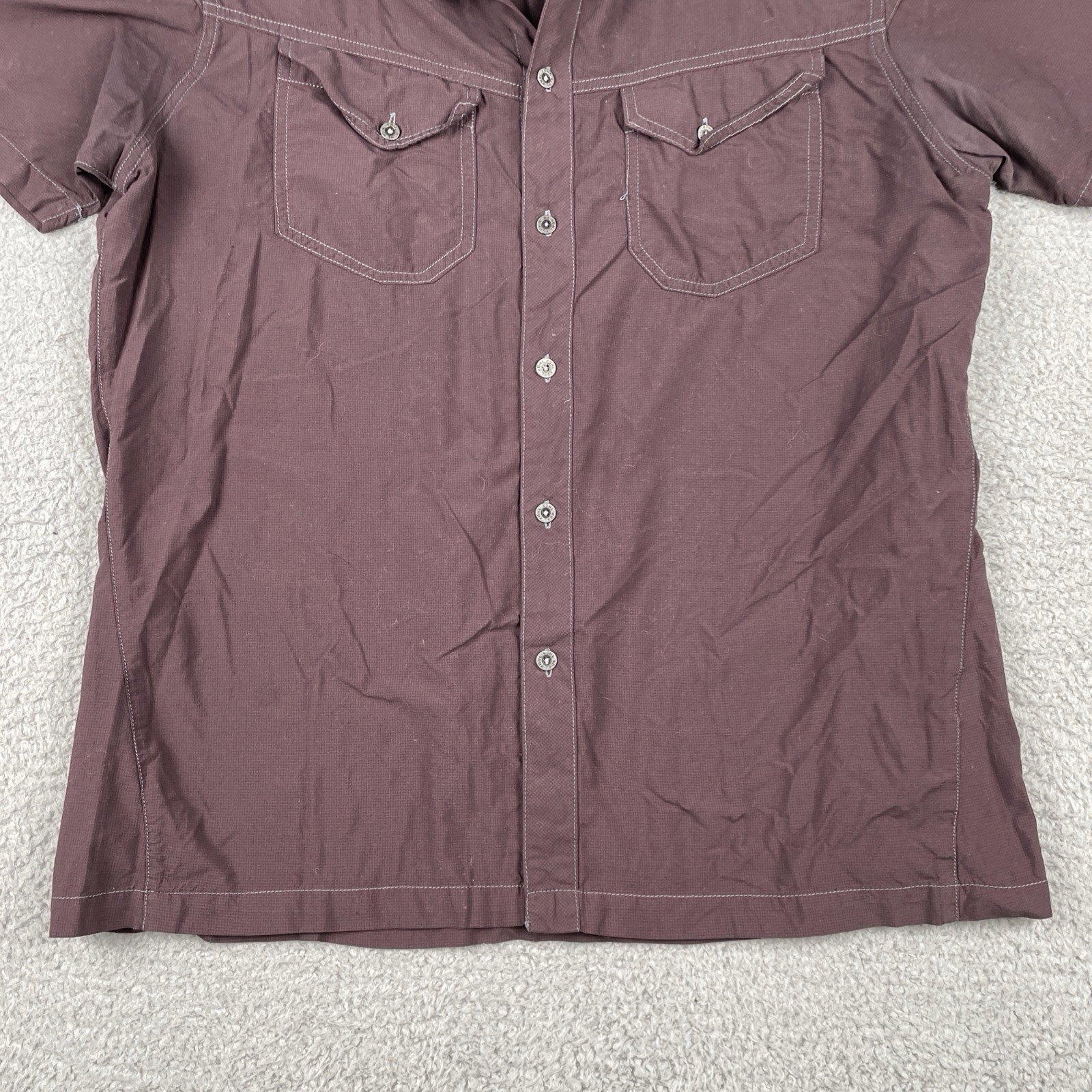Kuhl Outdoors Button Up Pocket Adventure Shirt Micro Plaid Nylon Medium Maroon gallery