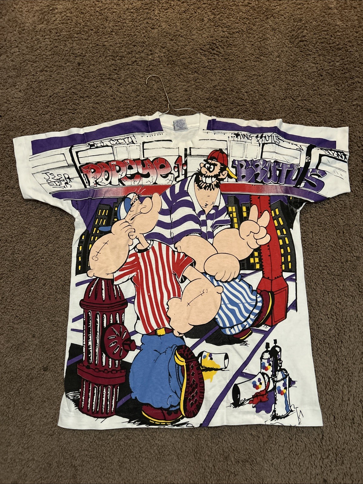 Vintage 1994 Popeye and Brutus Rap Style All Over Print T-Shirt Size L