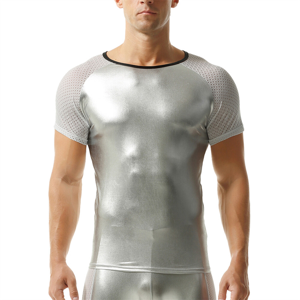 Men Elastic Oil Shiny Faux Leather Tops Fitness Short Sleeve T-shirts Stage Tees