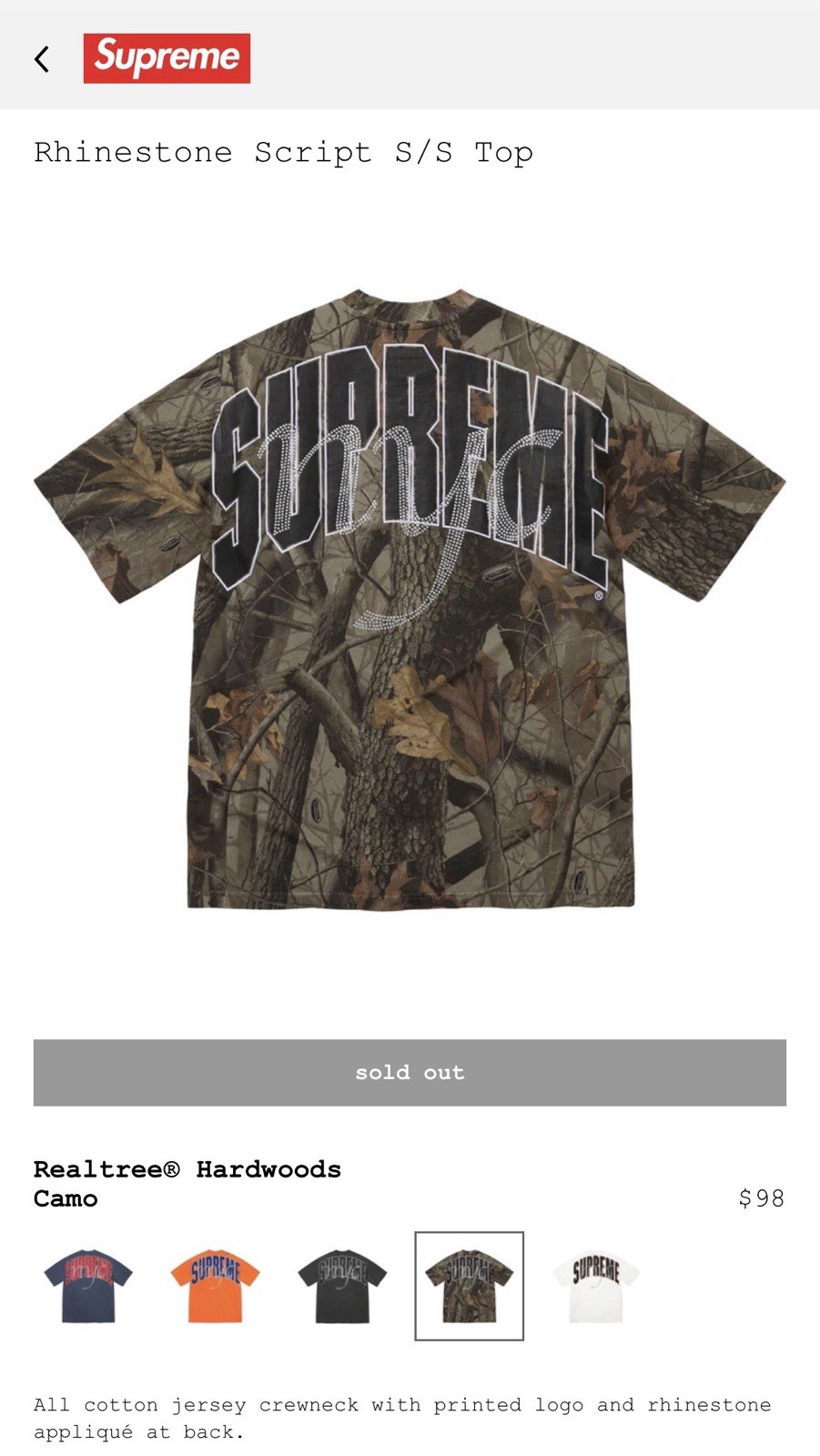 Supreme Rhinestone Script S/S Top Realtree Hardwoods Camo T-Shirt Size L