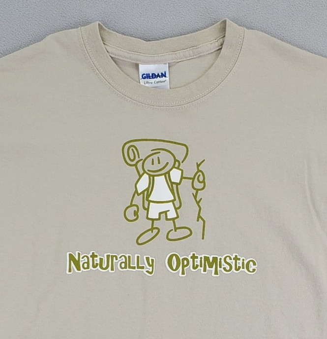 Naturally Optimistic Shirt Mens M Tan Hiking Camping Graphic Gildan Ultra EUC gallery