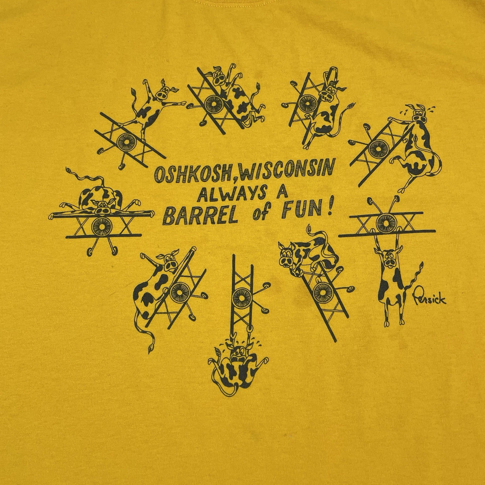 Vintage Cow Air Show Oshkosh Wisconsin Persick T Shirt Gilden Sz XL Gold Yellow gallery