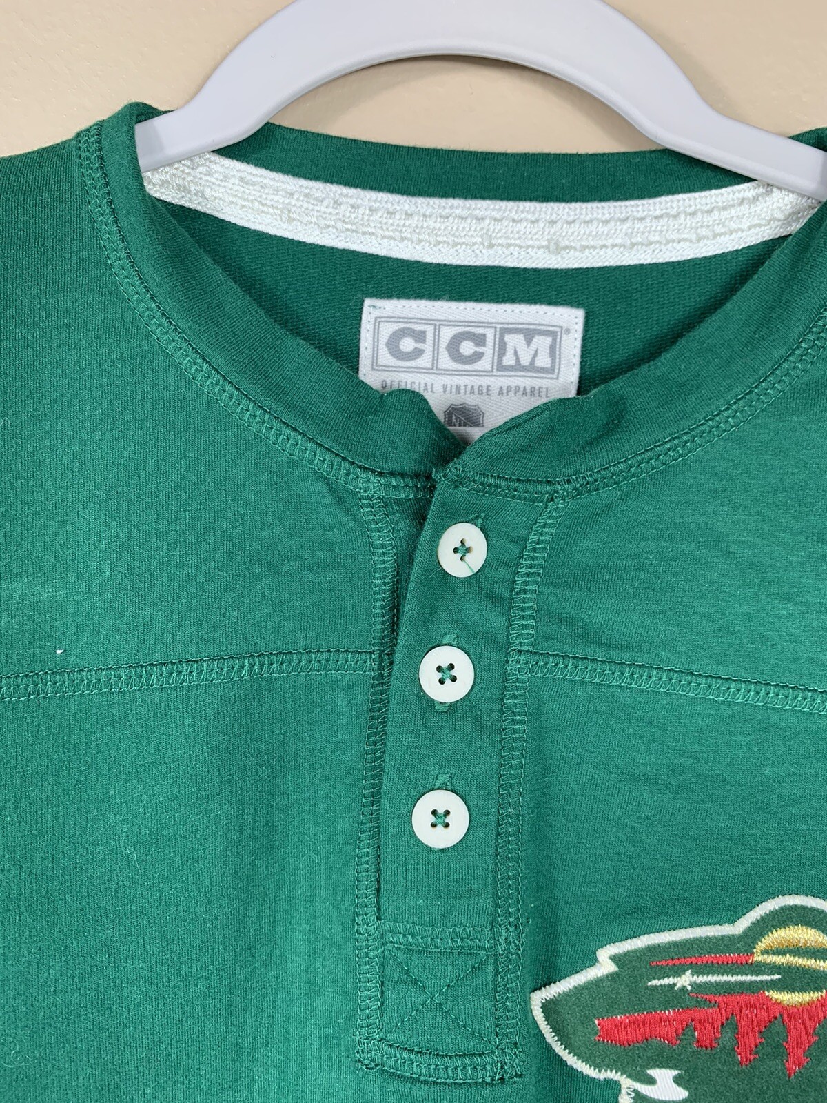 NHL MN WILD CCM Throwback 3-Button Henley Long Sleeve T-Shirt Men's SMALL gallery